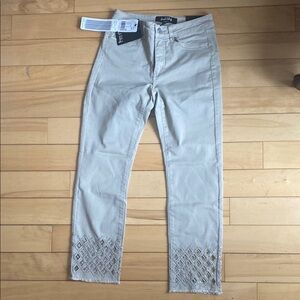 Joseph Ribkoff Tan Ankle Cropped Pants with Embellished Hem